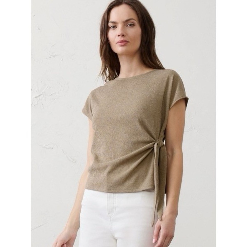Banana Republic Women Small Textured Blouse Brown Side Knot Tie Short Sleeve New